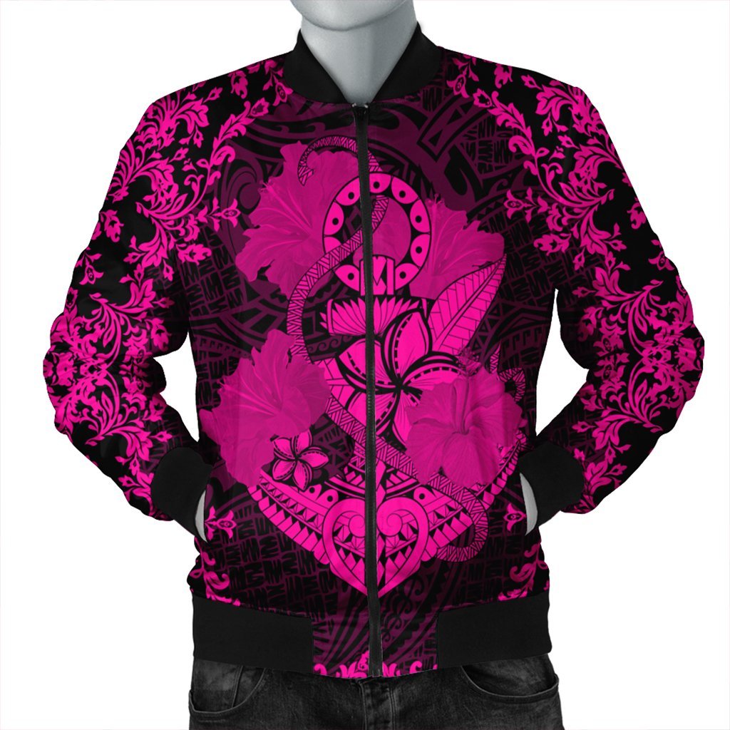 Hawaii Anchor Hibiscus Flower Vintage Bomber Jacket - AH - Pink Black Unisex - Polynesian Pride