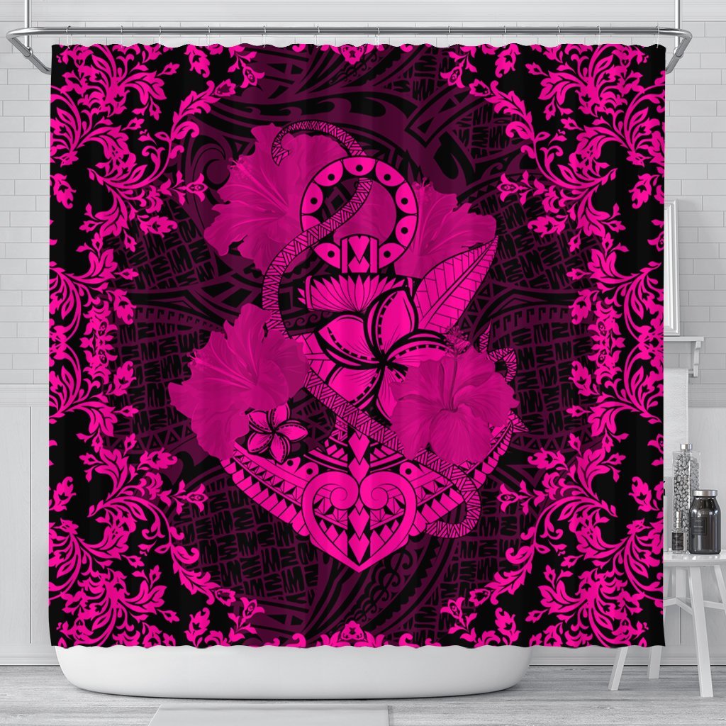 Hawaii Anchor Hibiscus Flower Vintage Shower Curtain - AH - Pink 177 x 172 (cm) Black - Polynesian Pride