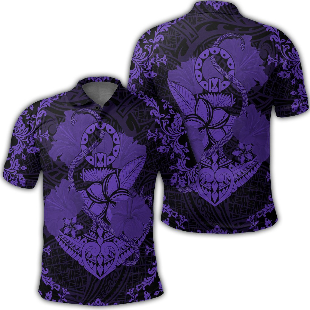 Hawaii Anchor Hibiscus Flower Vintage Polo Shirt Purple Unisex Black - Polynesian Pride