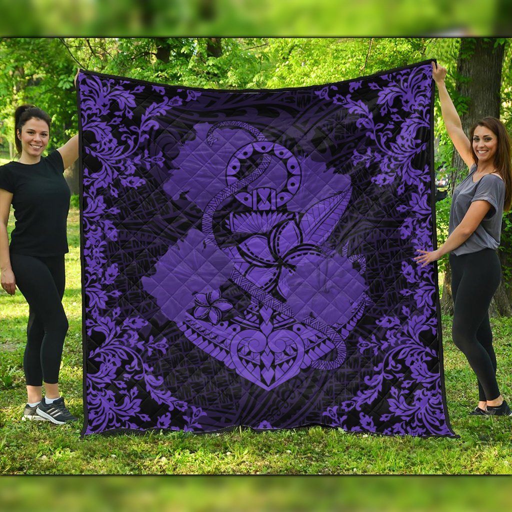 Hawaii Anchor Hibiscus Flower Vintage Premium Quilts - AH - Purple Black - Polynesian Pride