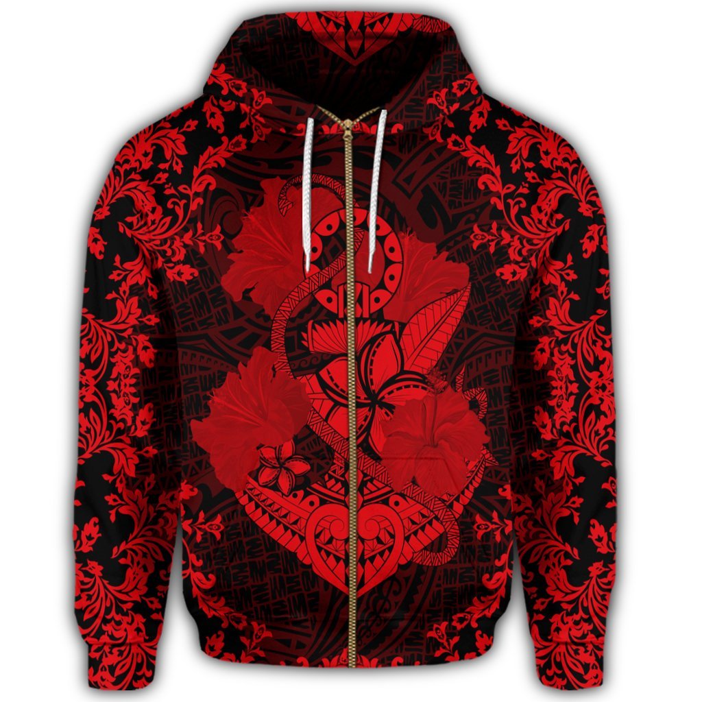 Hawaii Anchor Hibiscus Flower Vintage Zip Hoodie Red - Polynesian Pride
