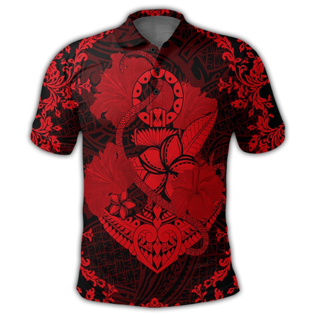 Hawaii Anchor Hibiscus Flower Vintage Polo Shirt Red - Polynesian Pride