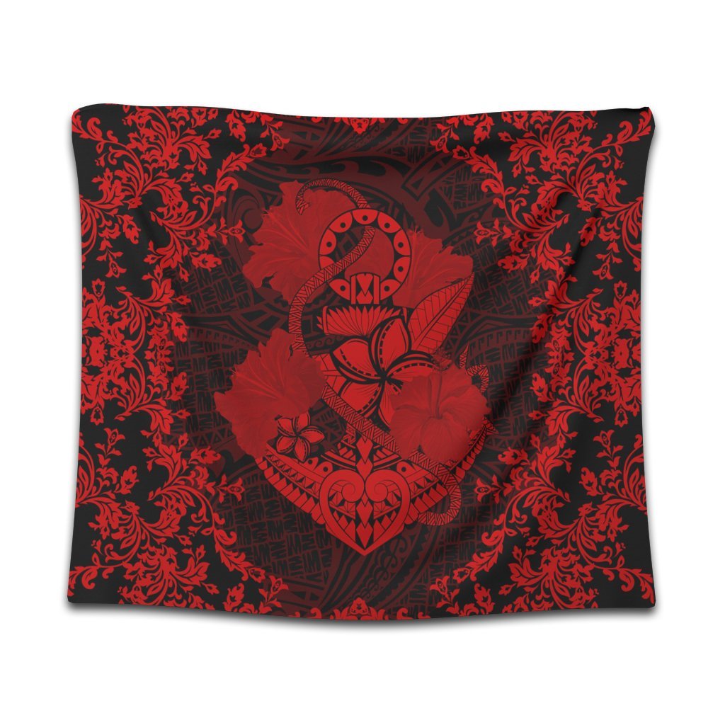 Hawaii Anchor Hibiscus Flower Vintage Tapestry - AH - Red Wall Tapestry Black - Polynesian Pride