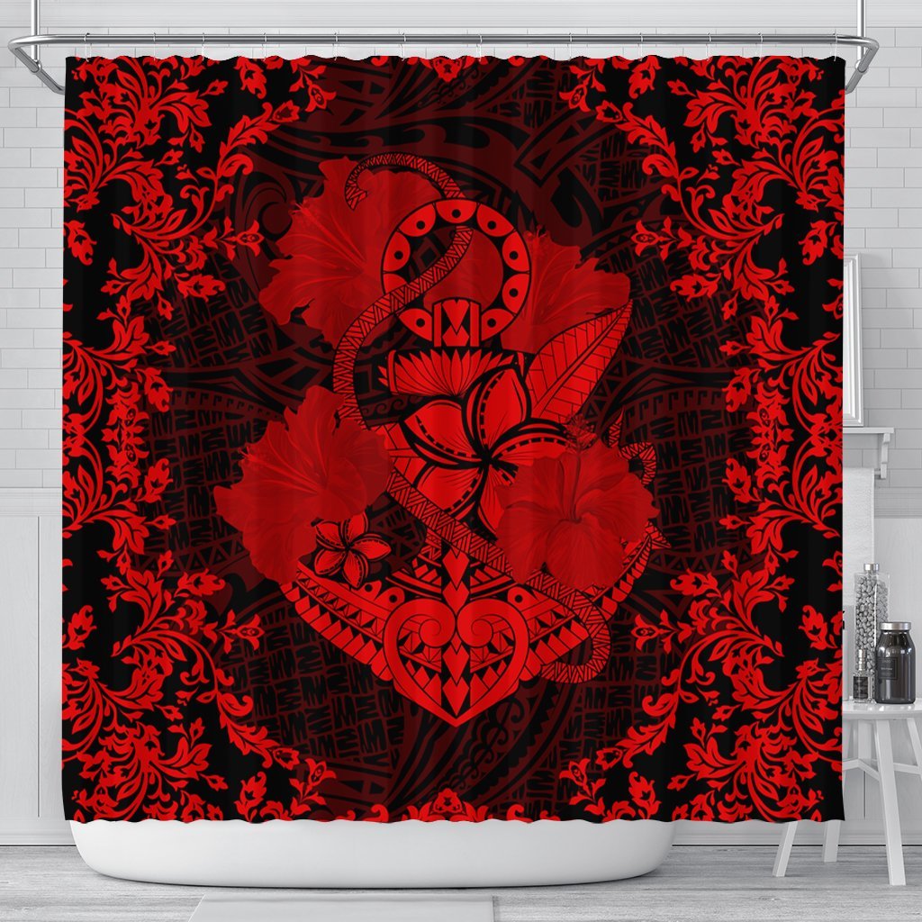 Hawaii Anchor Hibiscus Flower Vintage Shower Curtain - AH - Red 177 x 172 (cm) Black - Polynesian Pride