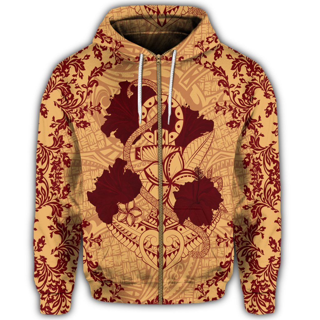 Hawaii Anchor Hibiscus Flower Vintage Zip Hoodie Red Orange - Polynesian Pride