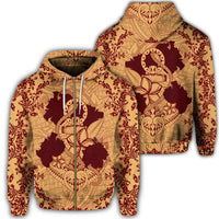 Hawaii Anchor Hibiscus Flower Vintage Zip Hoodie Red Orange Unisex Art - Polynesian Pride