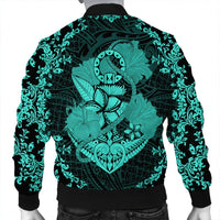 Hawaii Anchor Hibiscus Flower Vintage Bomber Jacket - AH - Turquoise - Polynesian Pride