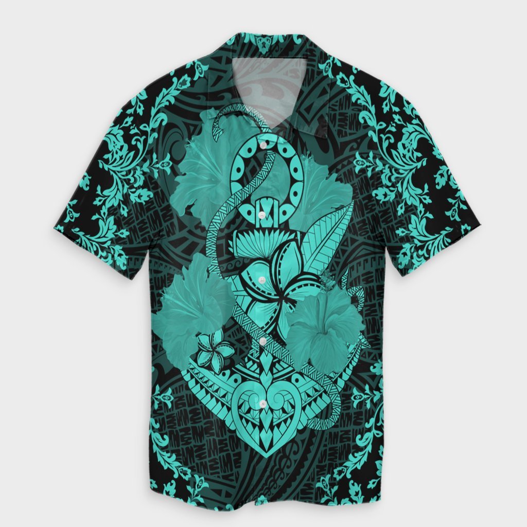 Hawaii Anchor Hibiscus Flower Vintage Hawaiian Shirt - AH - Turquoise Unisex Black - Polynesian Pride