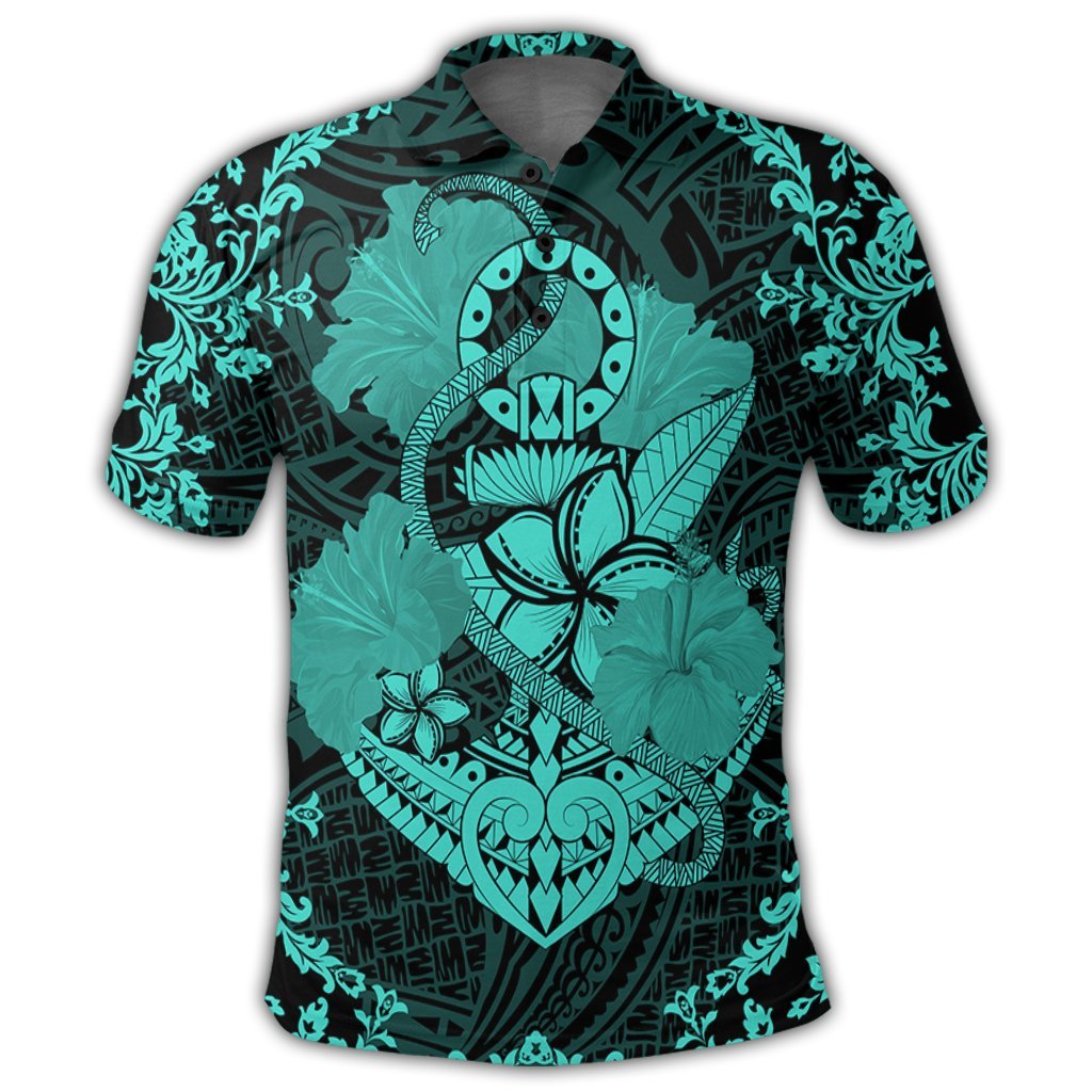 Hawaii Anchor Hibiscus Flower Vintage Polo Shirt Turquoise - Polynesian Pride