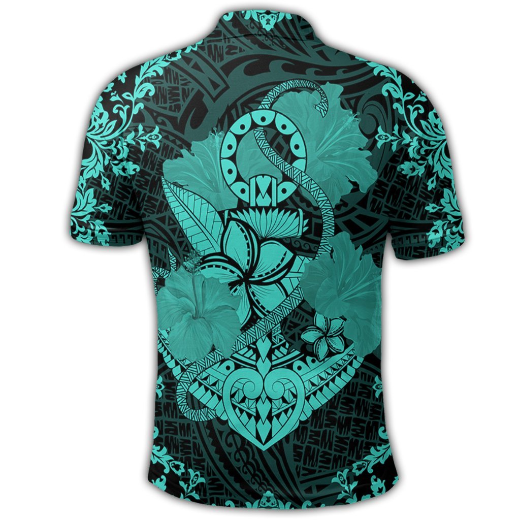 Hawaii Anchor Hibiscus Flower Vintage Polo Shirt Turquoise - Polynesian Pride