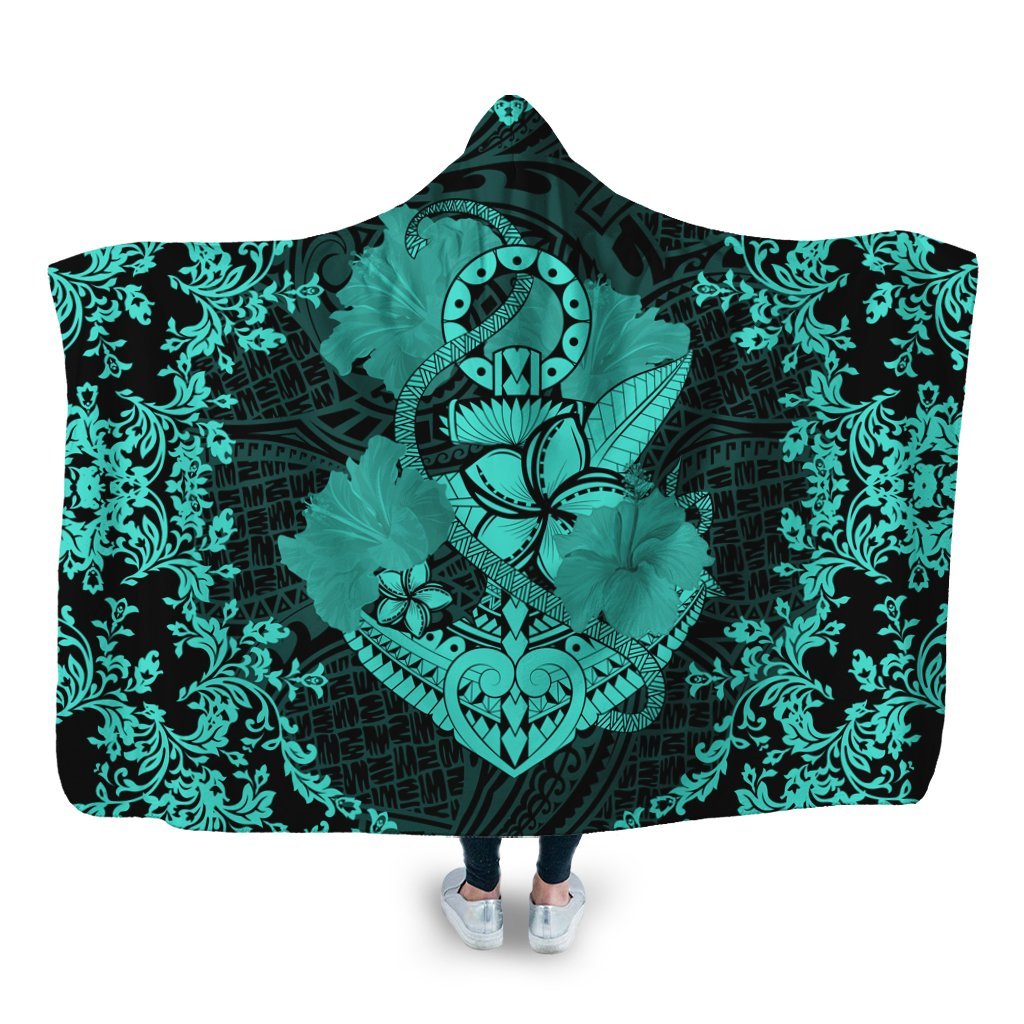 Hawaii Anchor Hibiscus Flower Vintage Hooded Blanket - AH - Turquoise Hooded Blanket White - Polynesian Pride