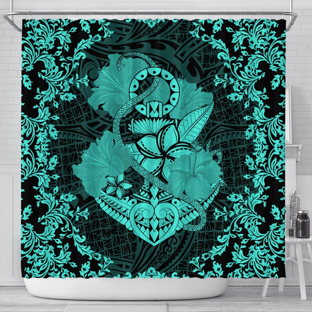 Hawaii Anchor Hibiscus Flower Vintage Shower Curtain - AH - Turquoise 177 x 172 (cm) Black - Polynesian Pride