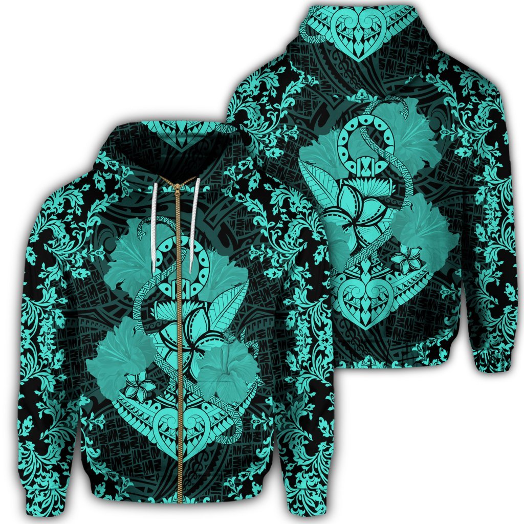 Hawaii Anchor Hibiscus Flower Vintage Zip Hoodie Turquoise Unisex Art - Polynesian Pride