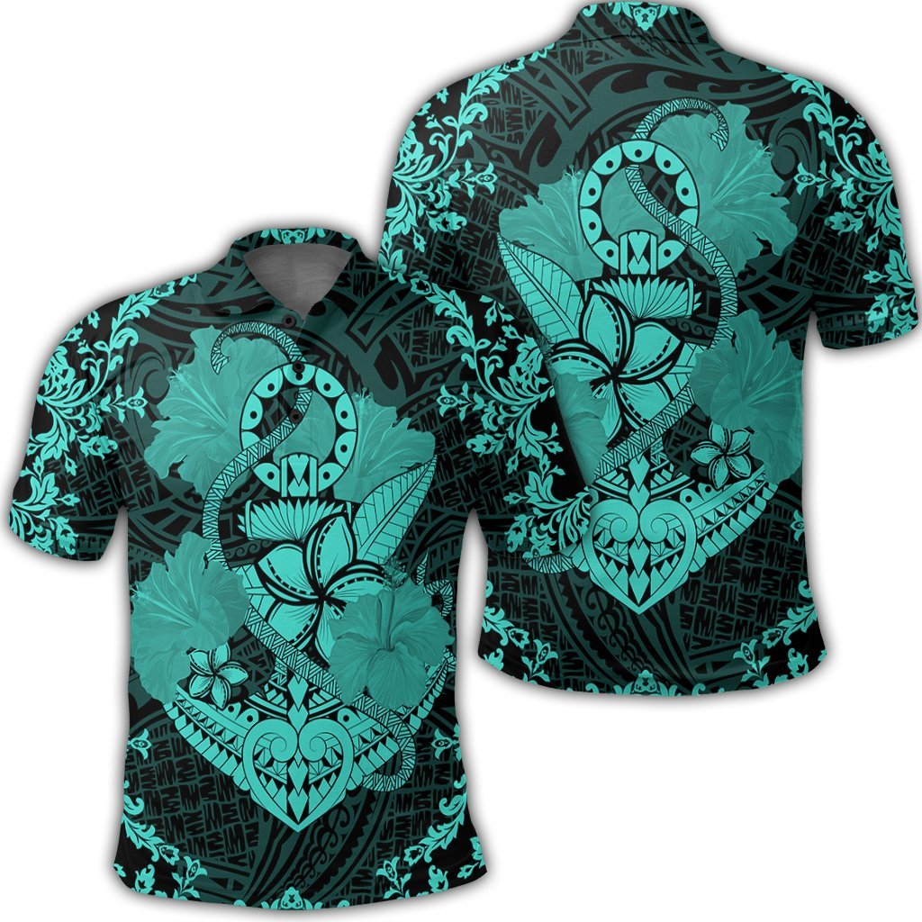 Hawaii Anchor Hibiscus Flower Vintage Polo Shirt Turquoise Unisex Black - Polynesian Pride