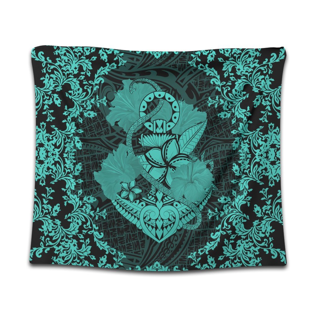 Hawaii Anchor Hibiscus Flower Vintage Tapestry - AH - Turquoise Wall Tapestry Black - Polynesian Pride