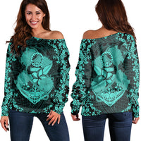 Hawaii Anchor Hibiscus Flower Vintage Women's Off Shoulder Sweater - AH - Turquoise Black - Polynesian Pride