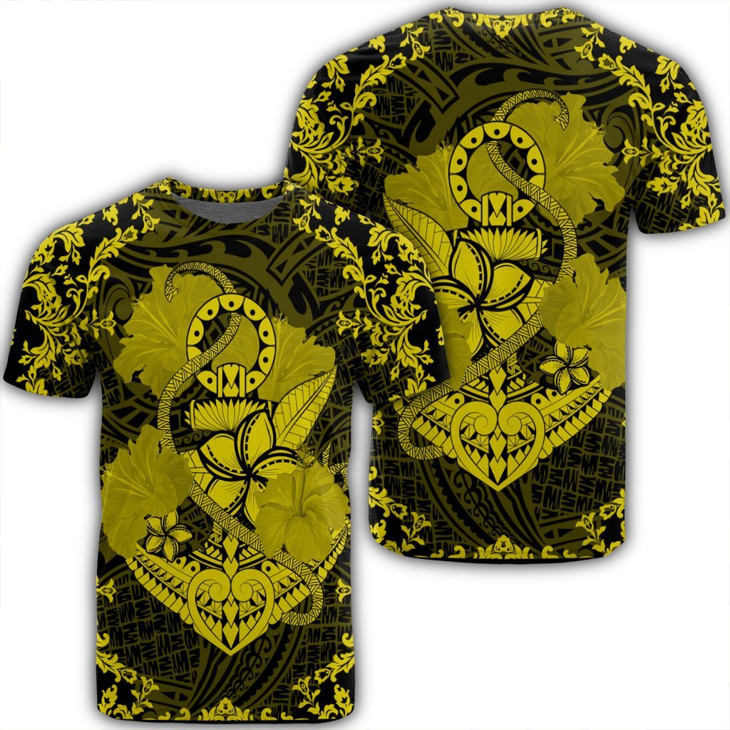 Hawaii Anchor Hibiscus Flower Vintage T Shirt Yellow Unisex Black - Polynesian Pride