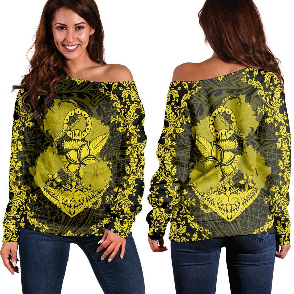 Hawaii Anchor Hibiscus Flower Vintage Women's Off Shoulder Sweater - AH - Yellow Black - Polynesian Pride