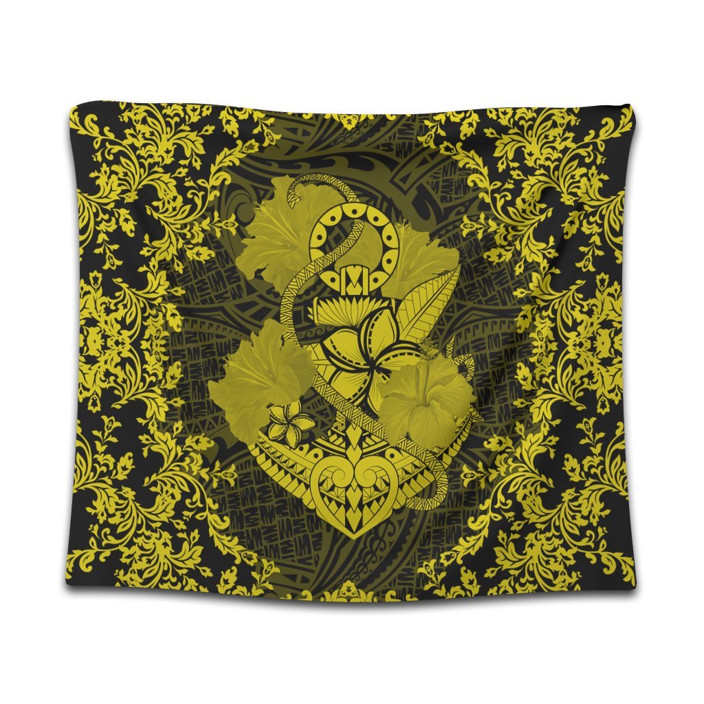 Hawaii Anchor Hibiscus Flower Vintage Tapestry - AH - Yellow Wall Tapestry Black - Polynesian Pride