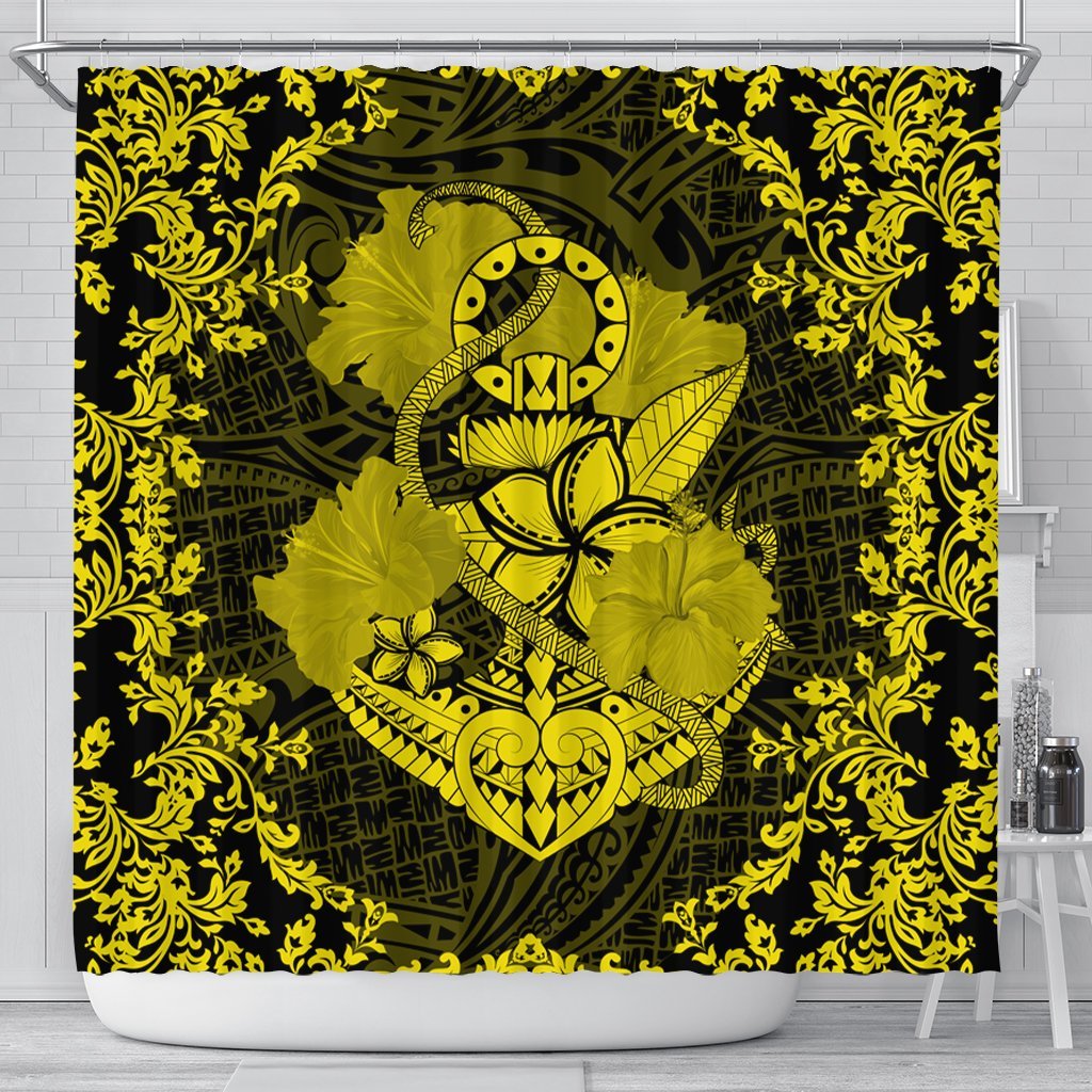 Hawaii Anchor Hibiscus Flower Vintage Shower Curtain - AH - Yellow 177 x 172 (cm) Black - Polynesian Pride
