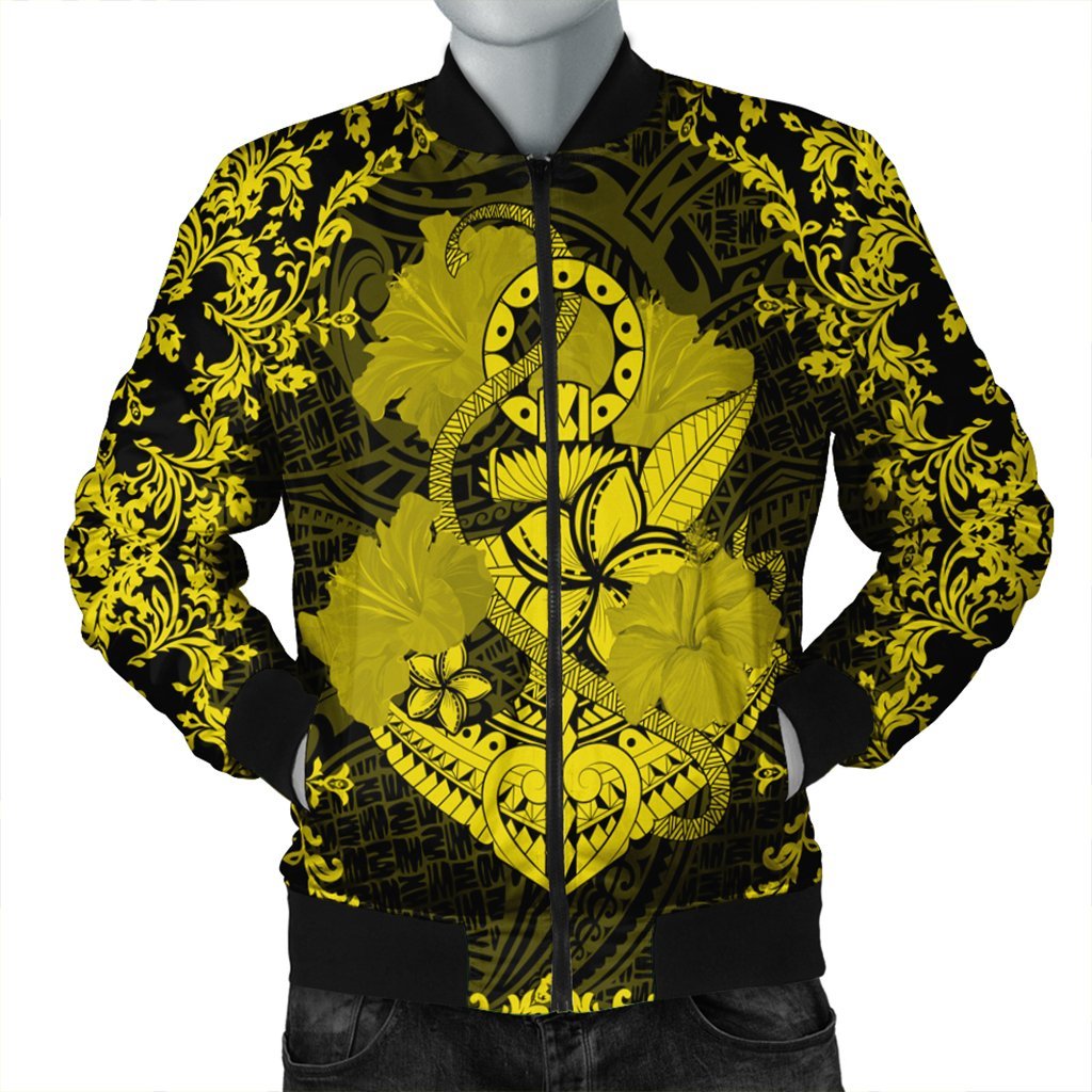 Hawaii Anchor Hibiscus Flower Vintage Bomber Jacket - AH - Yellow Black Unisex - Polynesian Pride
