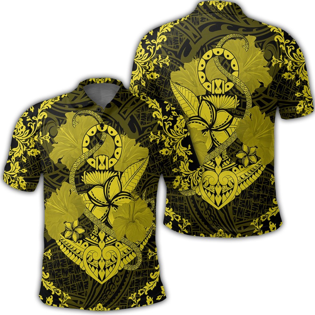 Hawaii Anchor Hibiscus Flower Vintage Polo Shirt Yellow Unisex Black - Polynesian Pride