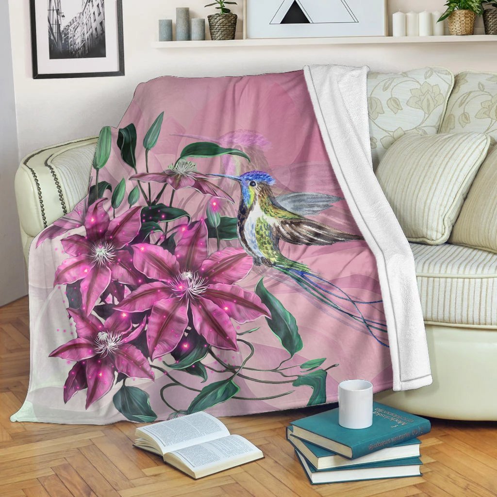 Hawaii Clematis Humming Bird Premium Blankets - AH White - Polynesian Pride