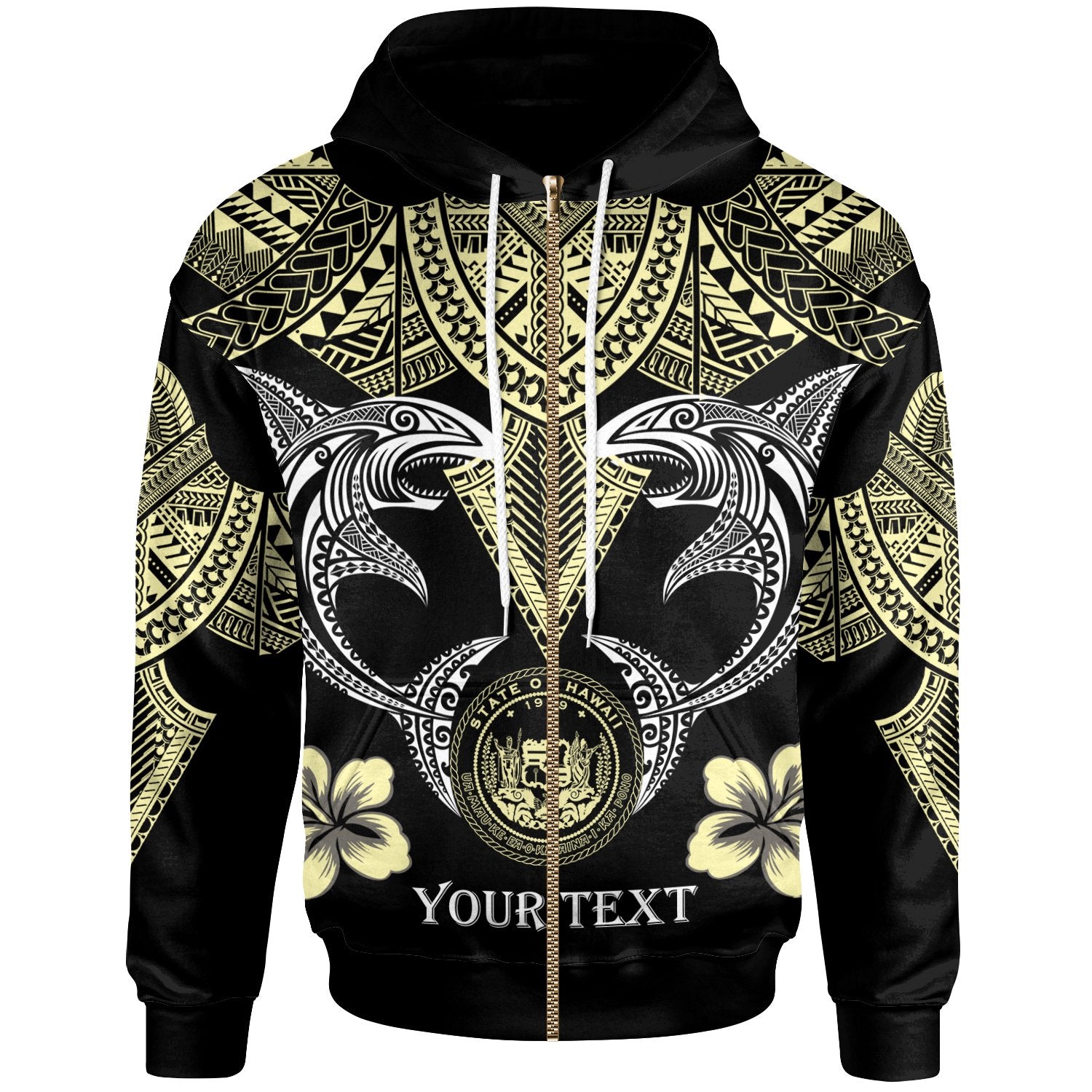 Hawaii Custom Zip up Hoodie Pacific Maori Pattern Sharks Unisex Black - Polynesian Pride