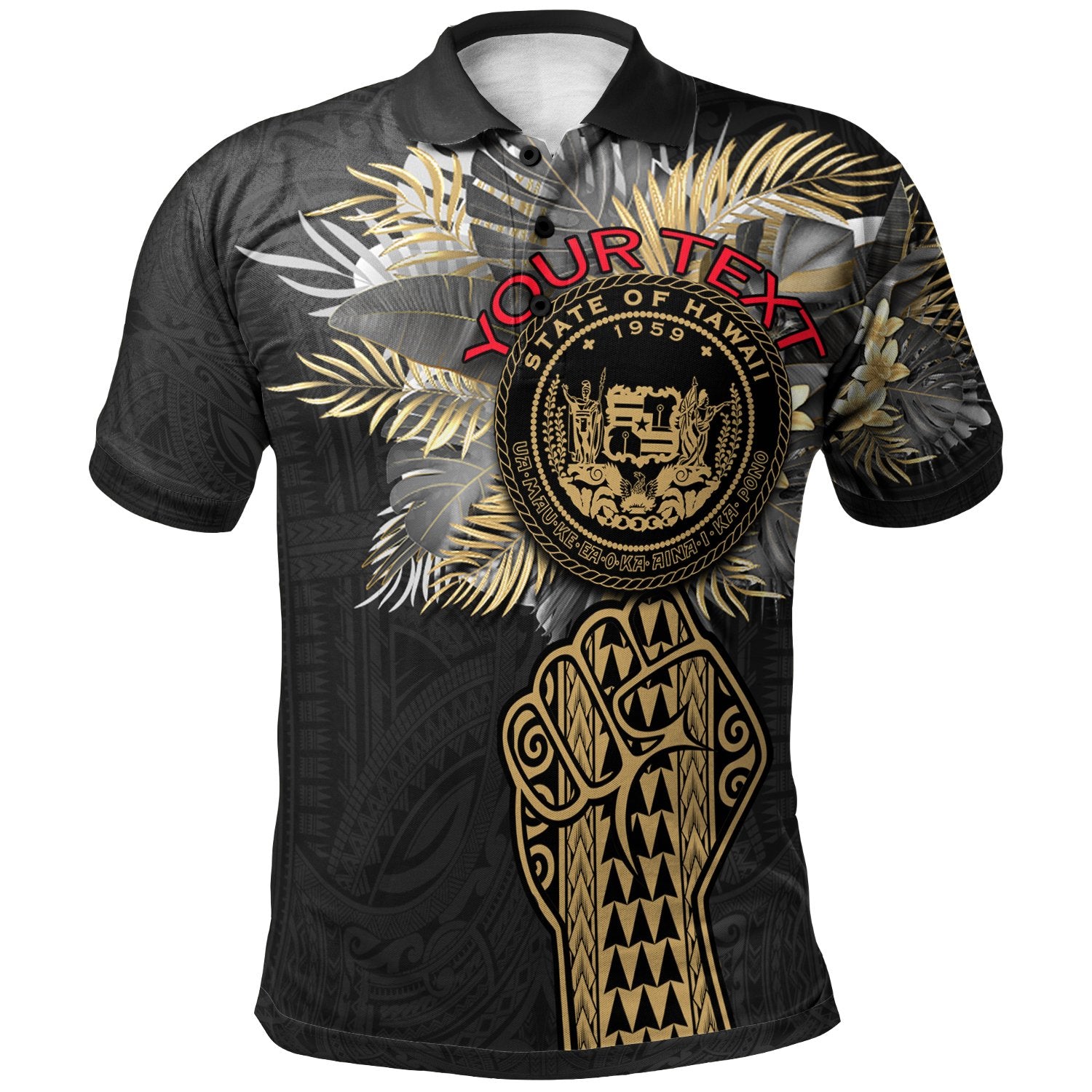 Hawaii Custom Polo Shirt Coat Of Arm Clenched Fist Unisex Black - Polynesian Pride