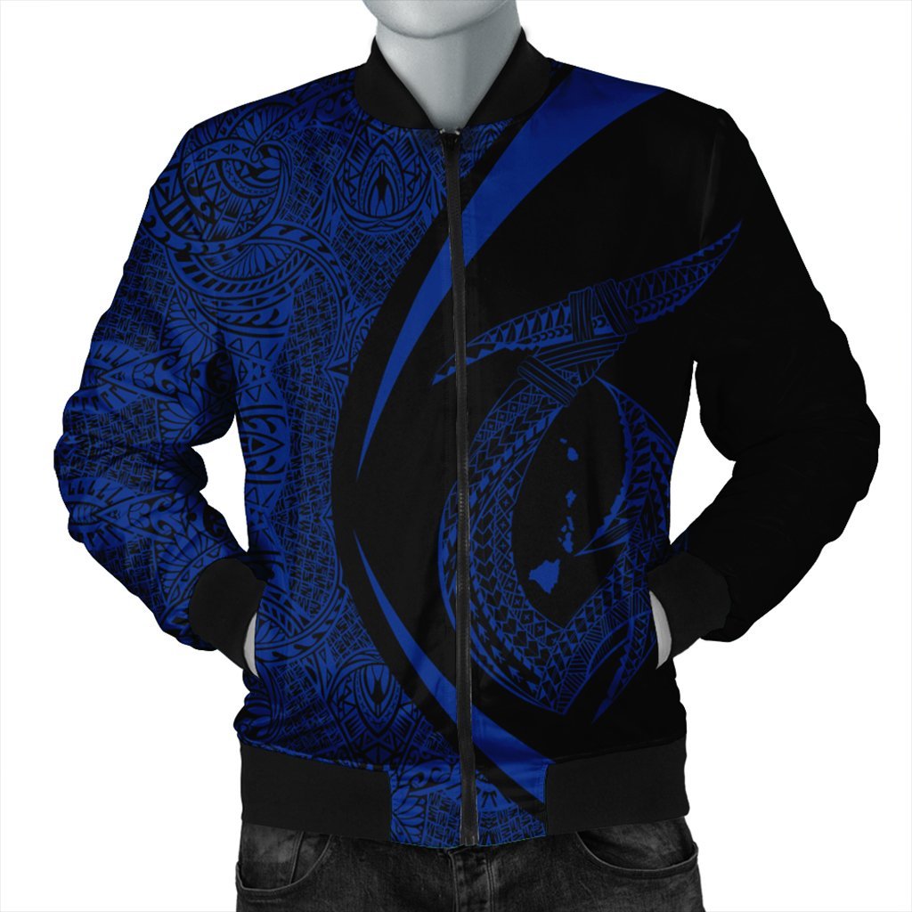 Hawaii Fish Hook Polynesian Bomber Jacket - Circle Style Blue - AH Black Unisex - Polynesian Pride