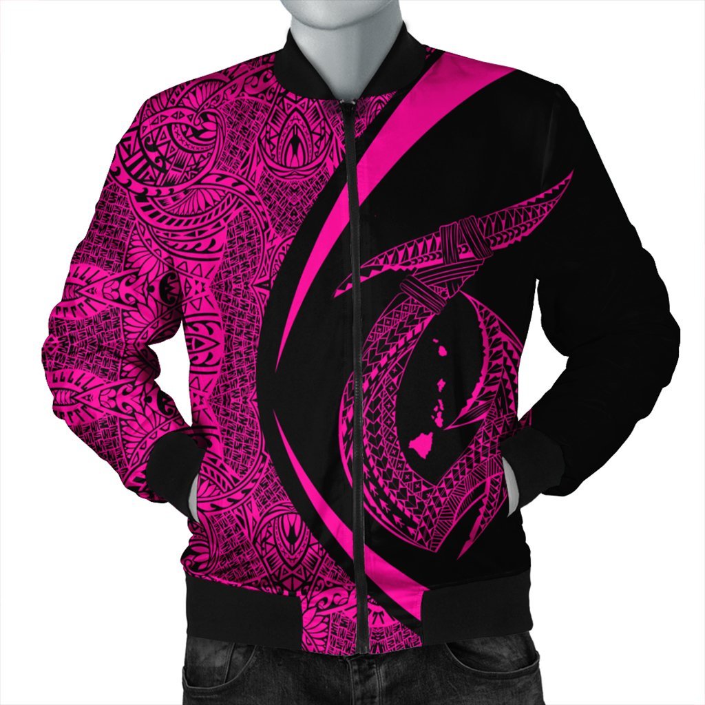 Hawaii Fish Hook Polynesian Bomber Jacket - Circle Style Pink - AH Black Unisex - Polynesian Pride