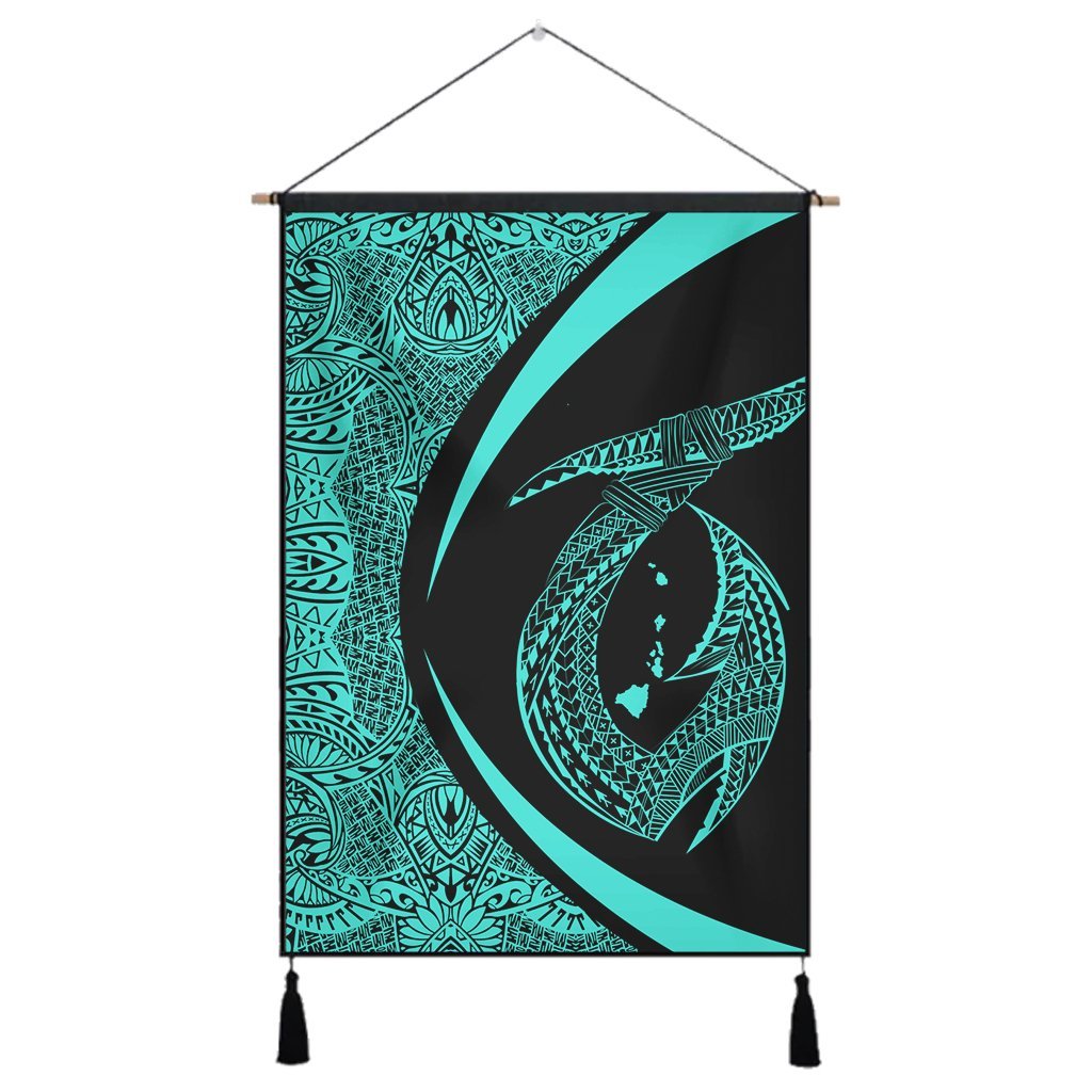 Hawaii Fish Hook Polynesian Hanging Poster - Circle Style Turquoise - AH Hanging Poster Cotton And Linen - Polynesian Pride