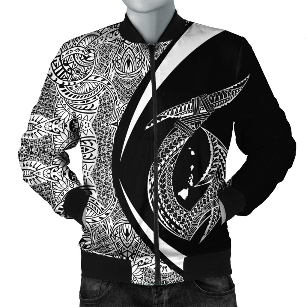 Hawaii Fish Hook Polynesian Bomber Jacket - Circle Style White - AH Black Unisex - Polynesian Pride