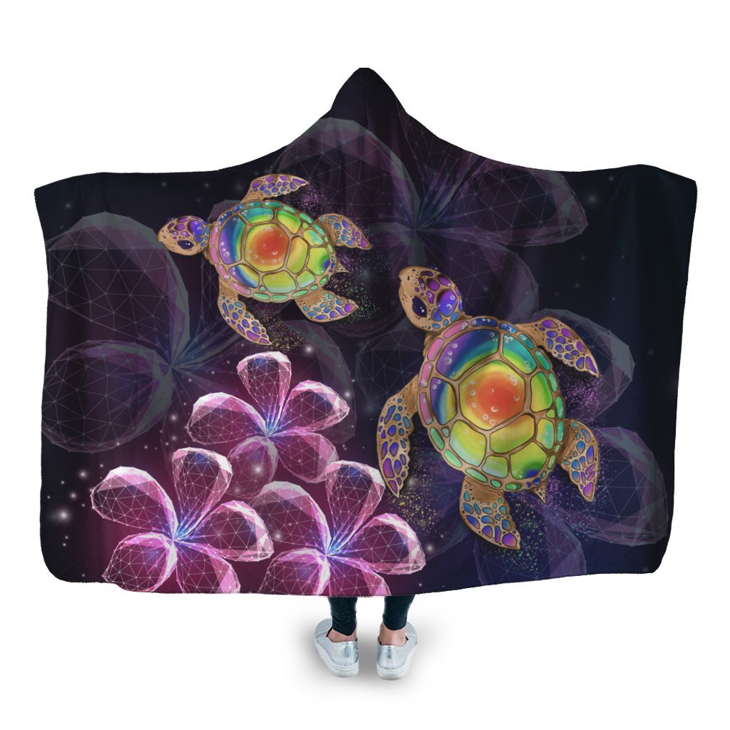 Hawaii Galaxy Turtle Hibiscus Hooded Blanket - AH Hooded Blanket White - Polynesian Pride