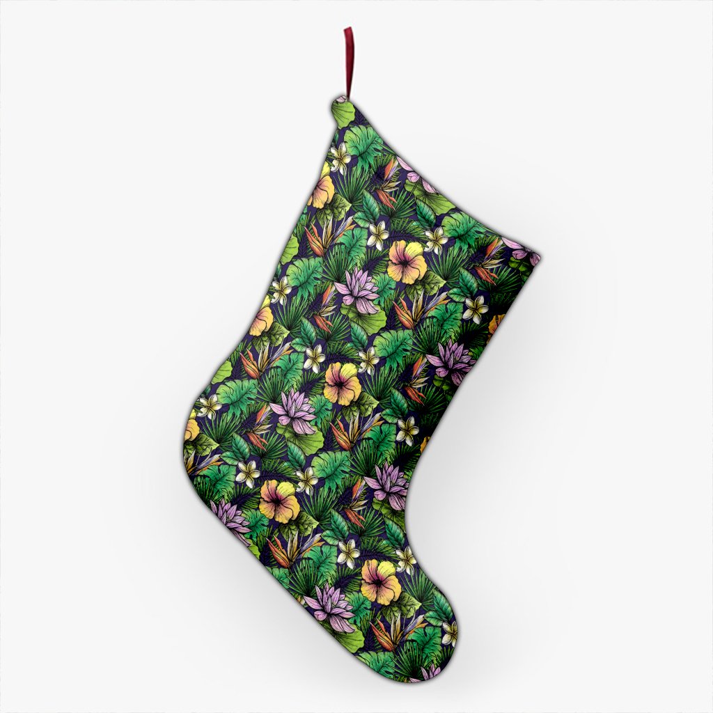 Hawaii Hibiscus And Plumeria Green Christmas Stocking 26 X 42 cm Black Christmas Stocking - Polynesian Pride