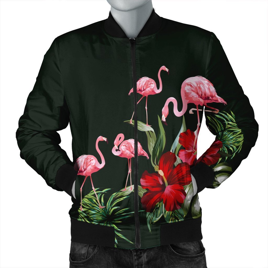 Hawaii Hibiscus Flamingo Bomber Jacket - AH Black Unisex - Polynesian Pride