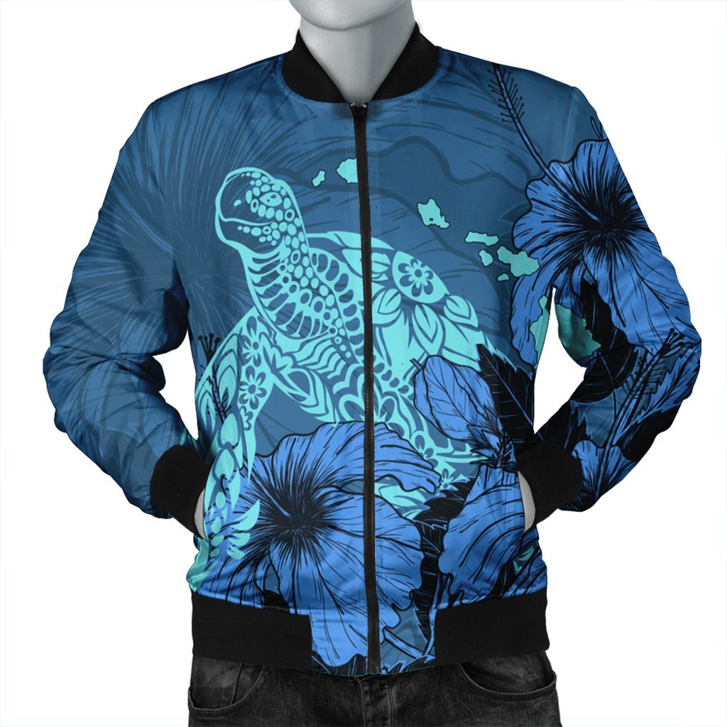 Hawaii Hibiscus Turtle Bomber Jacket - AH Black Unisex - Polynesian Pride