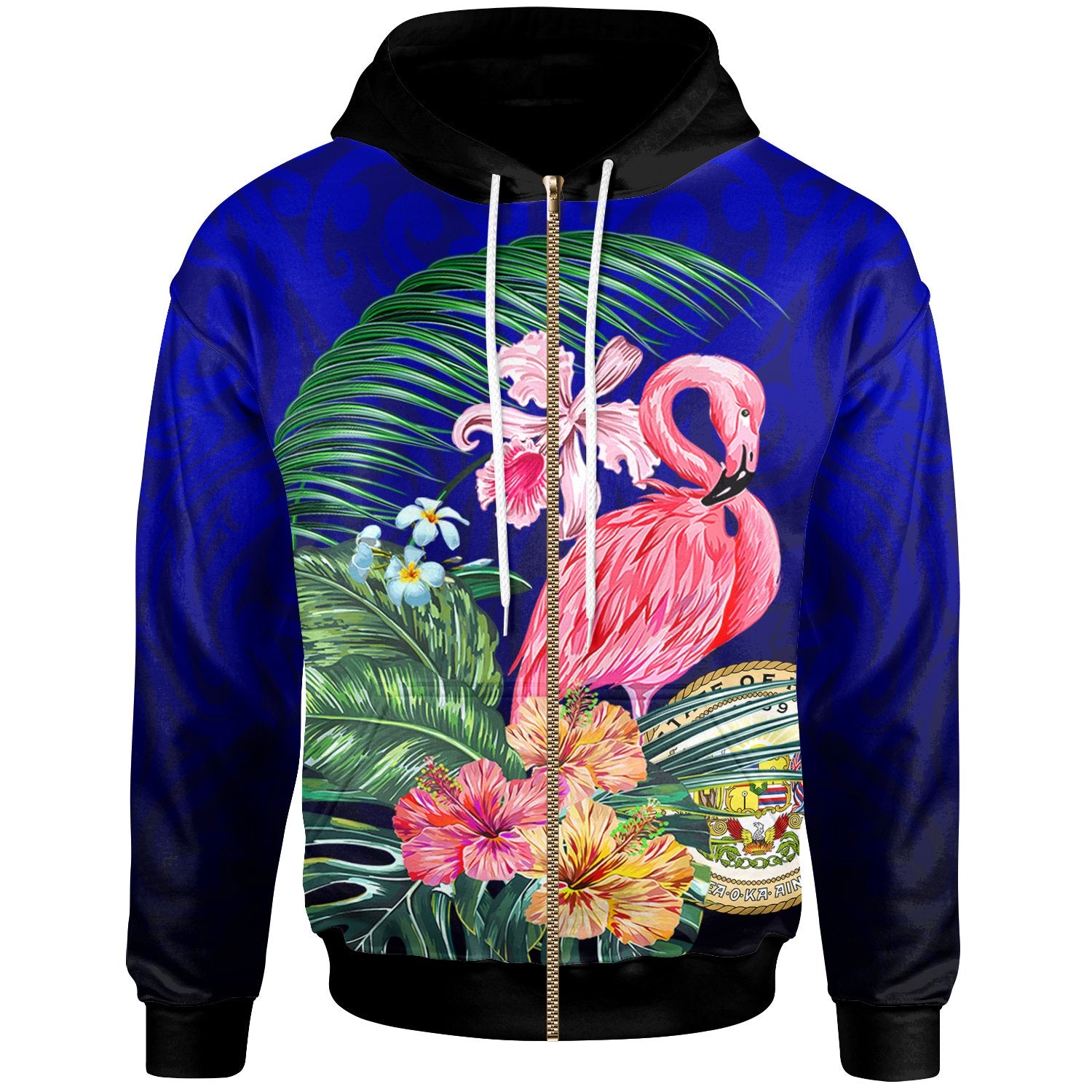 Hawaii Zip up Hoodie The Flamingo Hibiscus Unisex Blue - Polynesian Pride