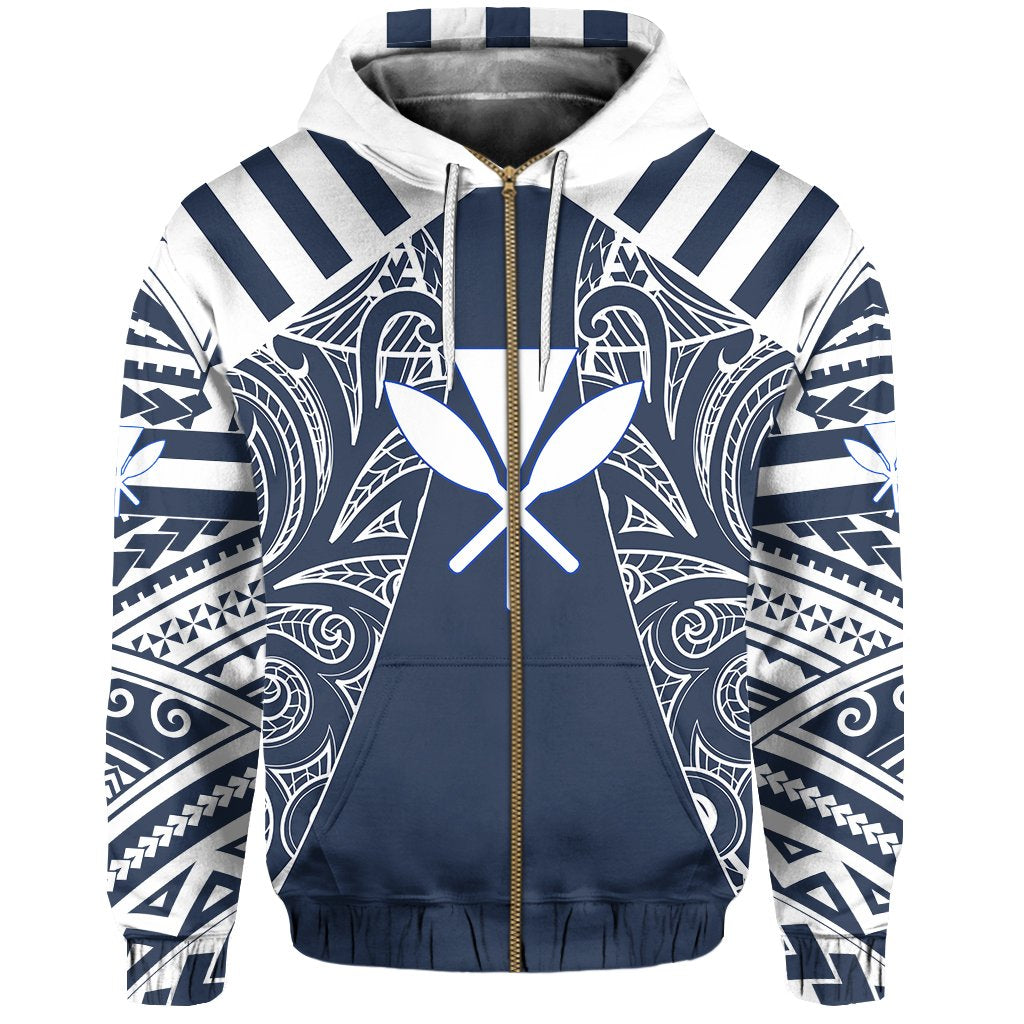 Hawaii Kanaka Football Jersey Polynesian Hoodie Zip Blue and White Victor Style - Polynesian Pride