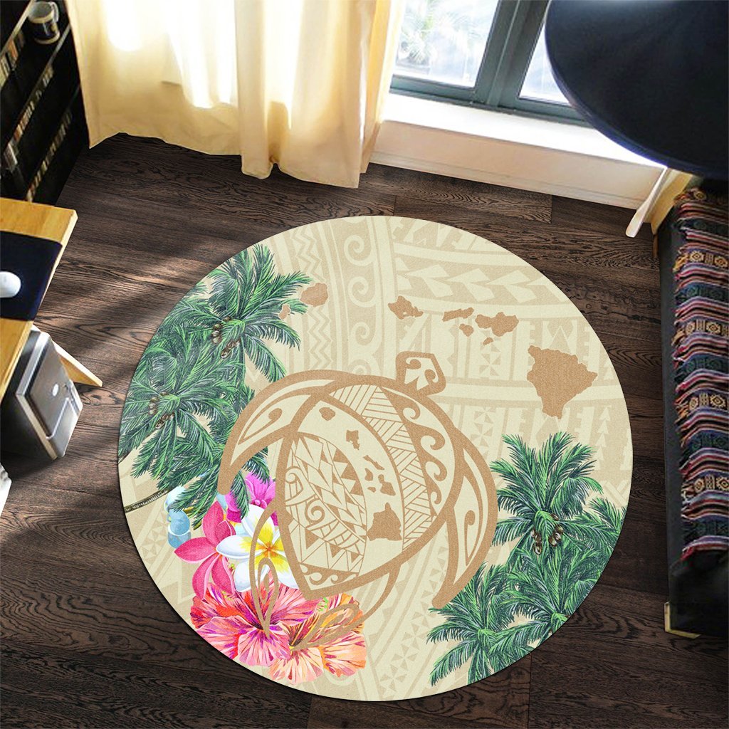 Hawaii Kanaka Maoli Polynesian Flowers Turtle Round Carpet - AH - Polynesian Pride
