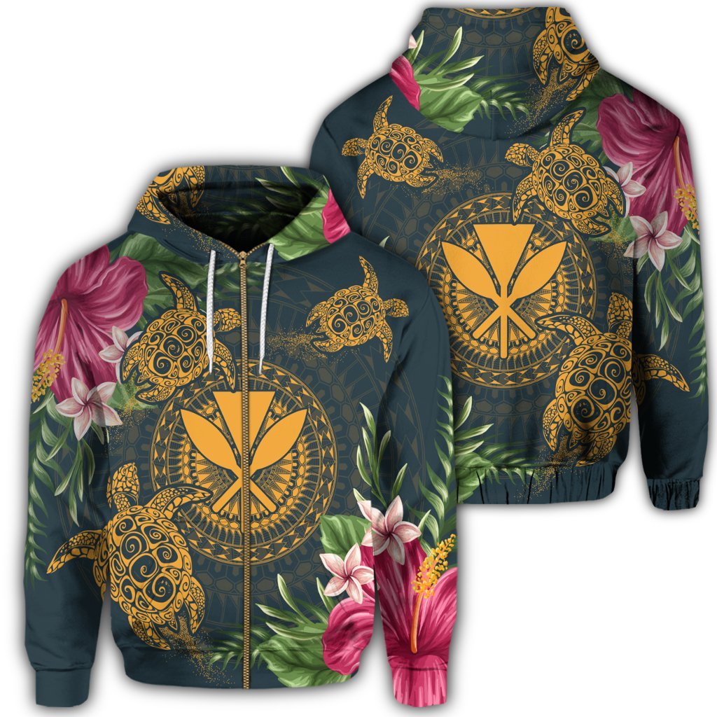 Hawaii Kanaka Turtle Hibiscus Plumerian Polynesia Zip Hoodie Alena Style Unisex Art - Polynesian Pride