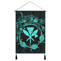 Hawaii Kanaka Turtle Hibiscus Polynesian Hanging Poster - Anthea Style Turquoise - AH Hanging Poster Cotton And Linen - Polynesian Pride