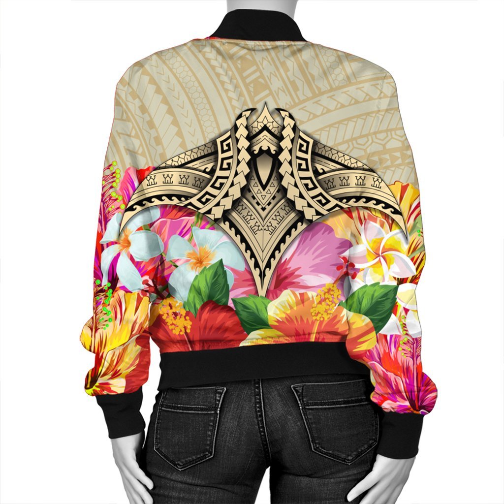 Hawaii Manta Ray Tropical Hibiscus Plumeria Polynesian Bomber Jacket - AH - Polynesian Pride