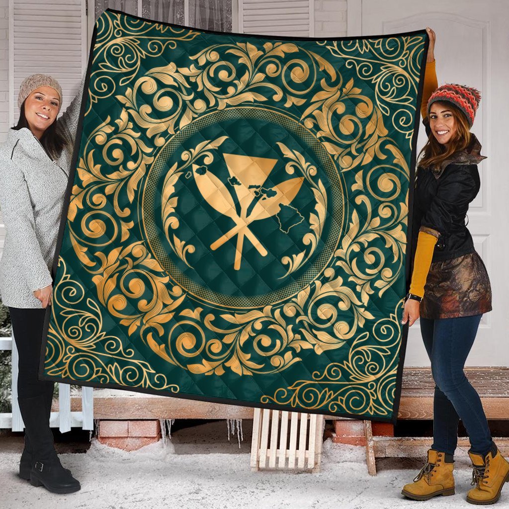 Hawaii Map Classic Floral Premium Quilts Green - AH - Polynesian Pride