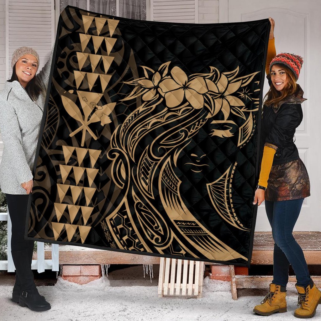 Hawaii Map Kanaka Polynesian Hula Girl Premium Quilts Gold - AH - J5C - Polynesian Pride