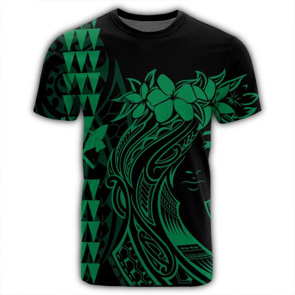 Hawaii Map Kanaka Polynesian Hula Girl T Shirt Green J5R - Polynesian Pride