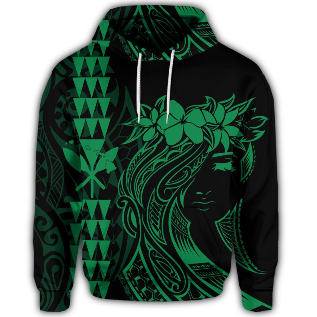 Hawaiian Map Kanaka Polynesian Hula Girl Hoodie Green - Polynesian Pride