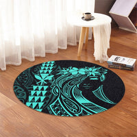 Hawaii Map Kanaka Polynesian Hula Girl Round Carpet Turquoise - AH - J5R - Polynesian Pride