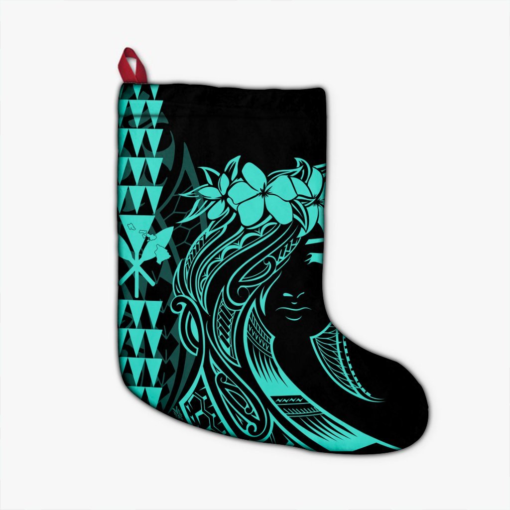 Hawaii Map Kanaka Polynesian Hula Girl Christmas Stocking Turquoise - AH - J5R Christmas Stocking 26 X 42 cm Black - Polynesian Pride