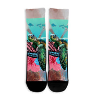 Hawaii Map Kanaka Sea Turtle Hibiscus Crew Socks - AH - Blue Pink - Polynesian Pride